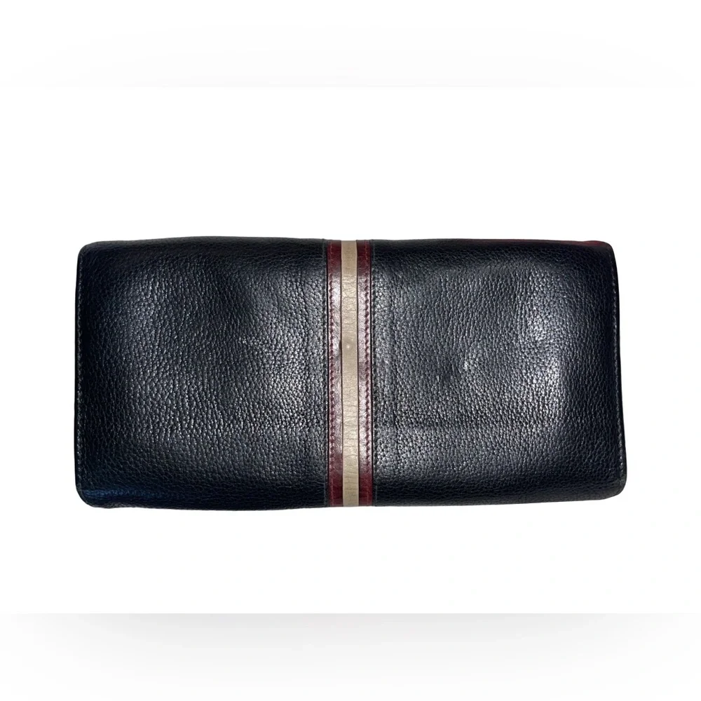 Bally black leather long wallet signature red and off-white stripe. 4x8